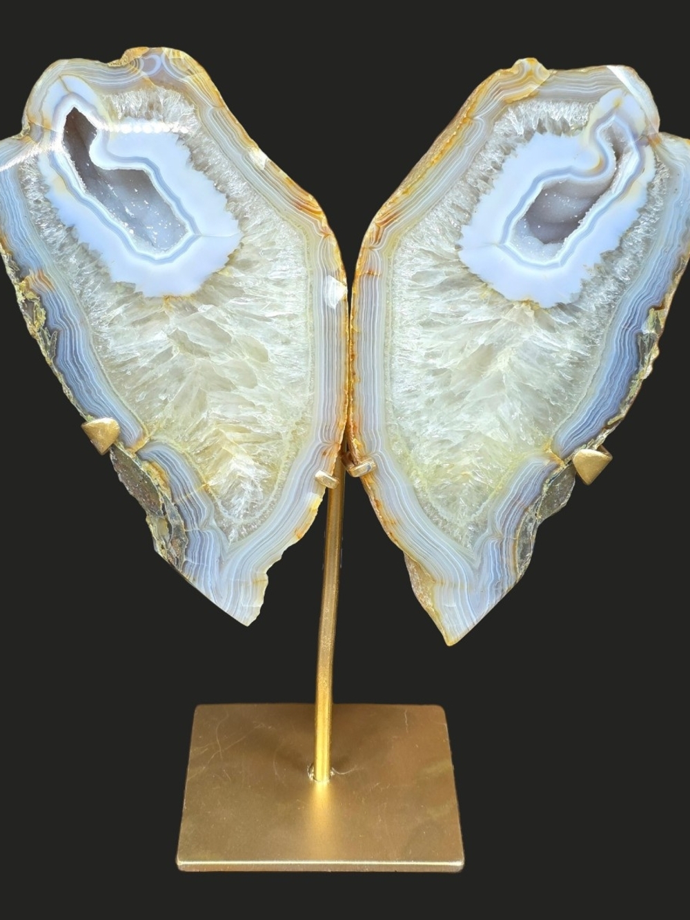 Brazilian Natural Agate Geode Butterfly Display with Gold Stand
